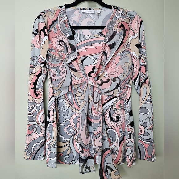 Susan Graver Printed Liquid Knit Top w Tied Chiffon Overlay, Gray Multi NWOT, S - Picture 1 of 10